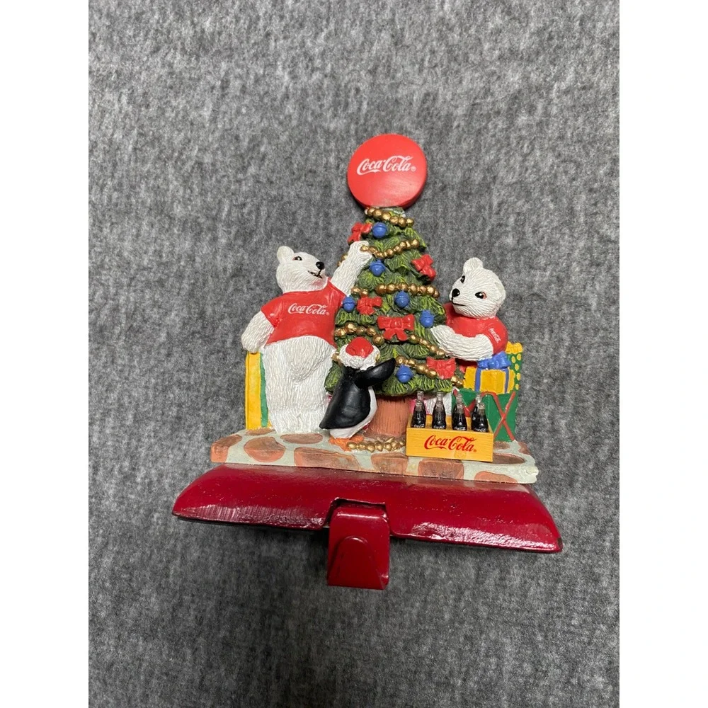 Vintage 1997 Coca-Cola Polar Bear Christmas Tree Stocking Holder Cast Iron Base